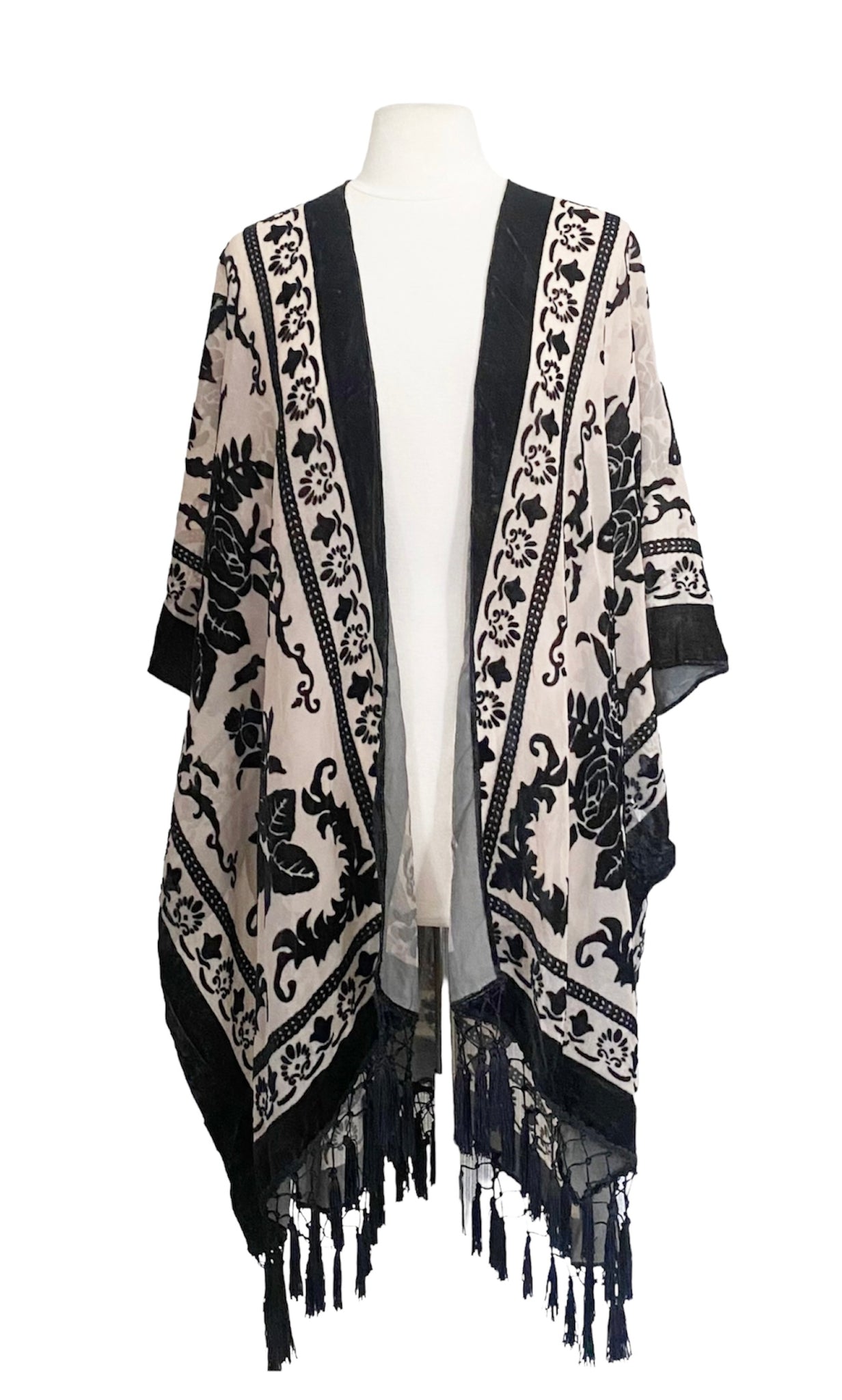 Midnight Burnout Velvet Kimono with Black Fringe – Warrior Within Designs